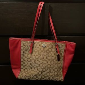 Coach tote bag, red with tan logo print